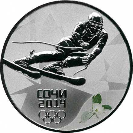 Монета Сочи 2014. Горные лыжи (цветная) - 3 рубля - СПМД - 2014 год