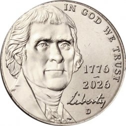 США 5 центов 2026 год - 250 лет независимости США. Томас Джефферсон (D)