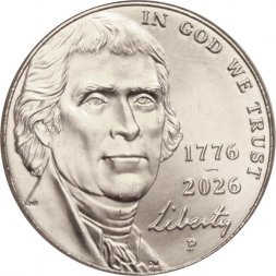 США 5 центов 2026 год - 250 лет независимости США. Томас Джефферсон (P)