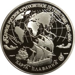 Россия 3 рубля 1993 год - Первое русское кругосветное путешествие - Карта плавания