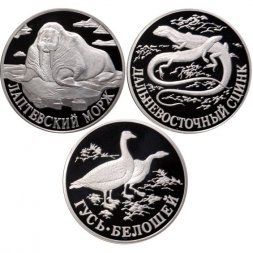 Набор из 3 монет Россия 1 рубль 1998 год - Красная книга. Лаптевский морж, Дальневосточный сцинк, Гусь-белошей