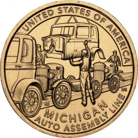 США 1 доллар 2025 год - Американские инновации - Конвейерная линия для сборки автомобиля (P)