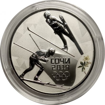 Монета Сочи 2014. Лыжное двоеборье (цветная) - 3 рубля - СПМД - 2014 год